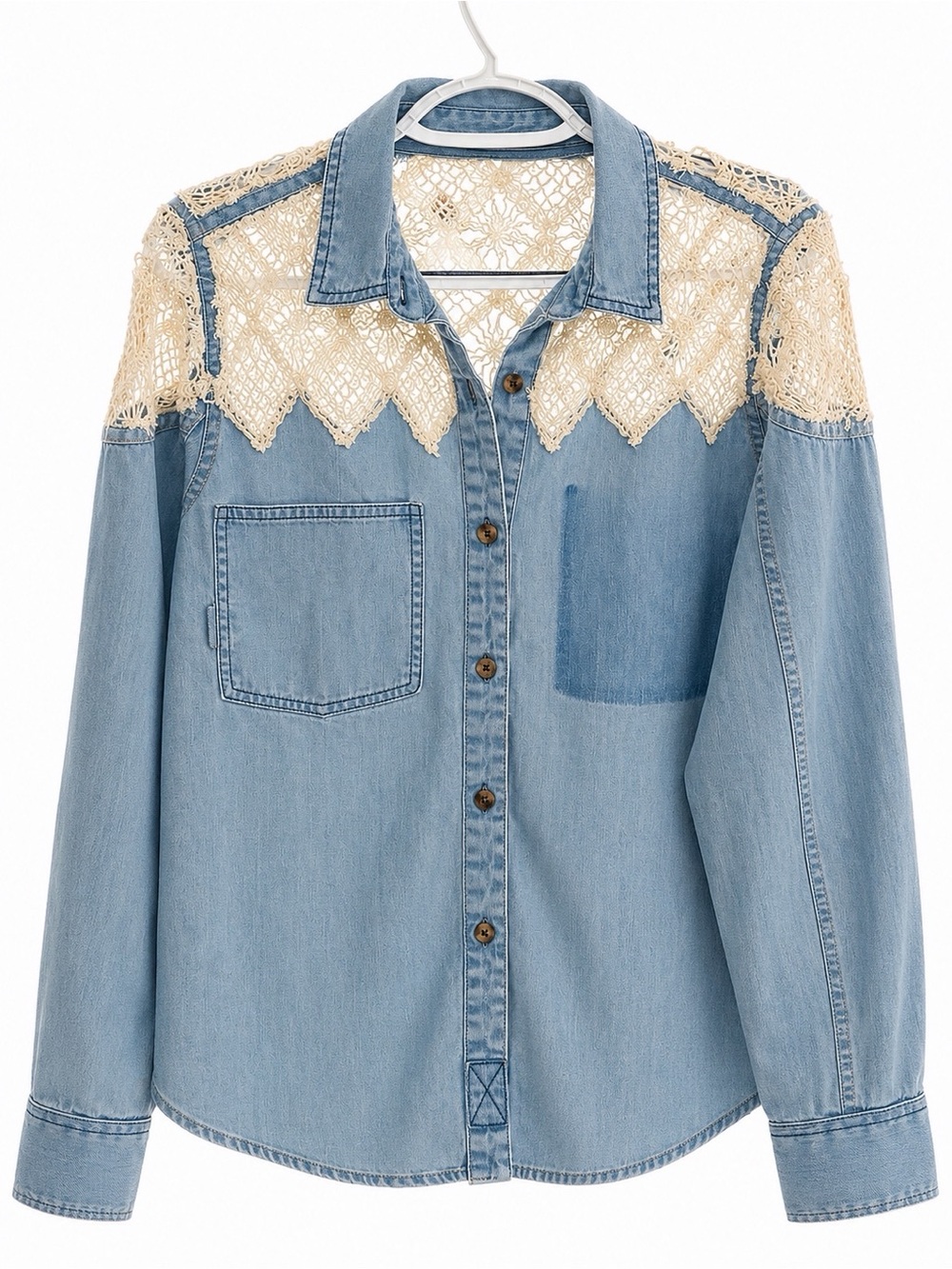 We The Free | Free People Blue Denim Crochet Lace Top Cotton Button Up XS Boho - Picture 2 of 13